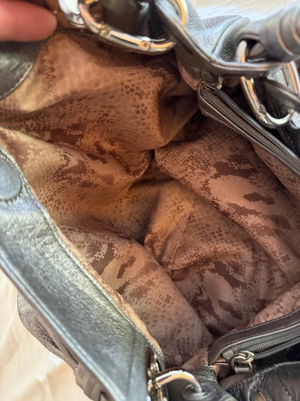 b. makowsky Metallic Gray Leather Shoulder Satchel - Picture 6 of 10